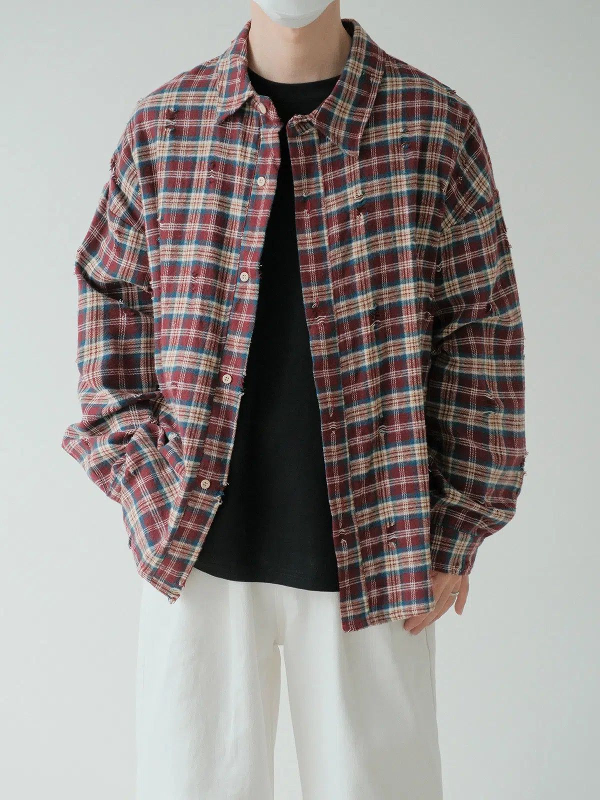 Zhou Distressed Plaid Flannel Shirt-korean-fashion-Shirt-Zhou's Closet-OH Garments