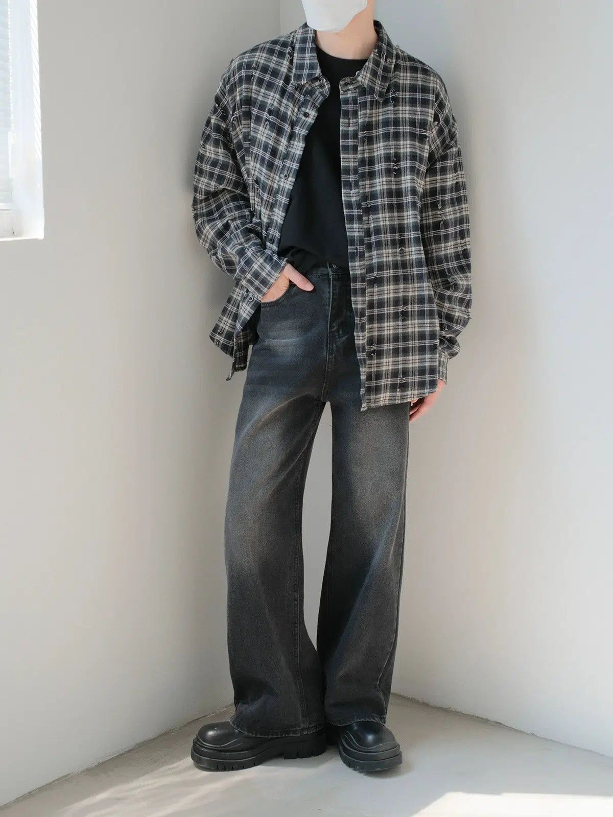 Zhou Distressed Plaid Flannel Shirt-korean-fashion-Shirt-Zhou's Closet-OH Garments