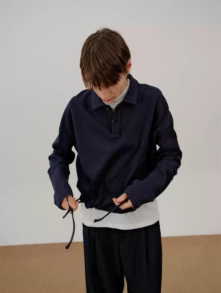 Zhou Drawstring Hem Long Sleeve Polo-korean-fashion-Polo-Zhou's Closet-OH Garments