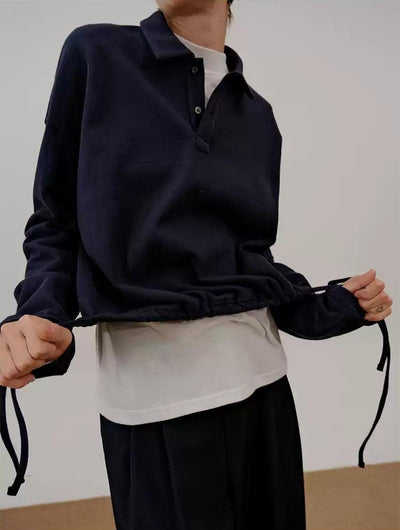 Zhou Drawstring Hem Long Sleeve Polo-korean-fashion-Polo-Zhou's Closet-OH Garments
