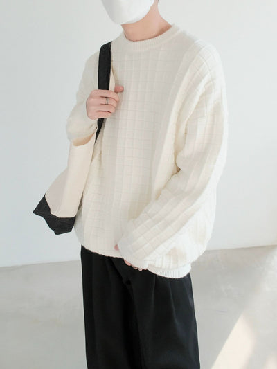 Zhou Drop Shoulder Plaid Textured Sweater-korean-fashion-Sweater-Zhou's Closet-OH Garments