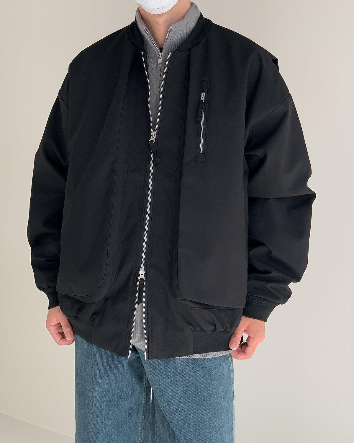 Zhou Essential Zip Pocket Loose Bomber Jacket-korean-fashion-Jacket-Zhou's Closet-OH Garments