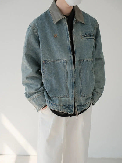 Zhou Faded PU Leather Collar Denim Jacket-korean-fashion-Jacket-Zhou's Closet-OH Garments