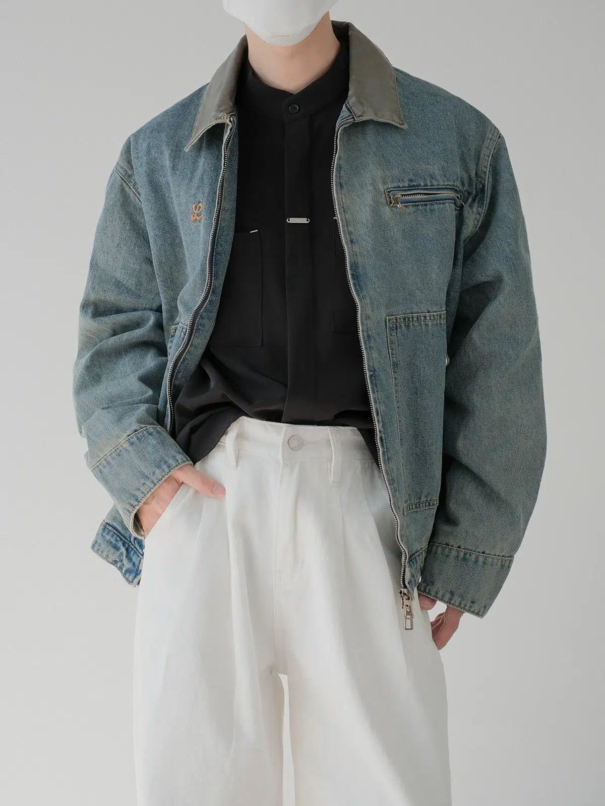 Zhou Faded PU Leather Collar Denim Jacket-korean-fashion-Jacket-Zhou's Closet-OH Garments