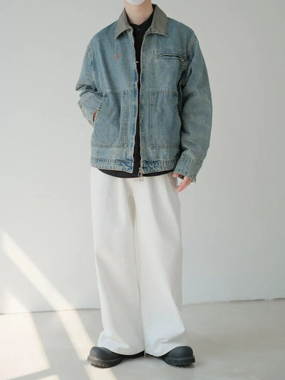 Zhou Faded PU Leather Collar Denim Jacket-korean-fashion-Jacket-Zhou's Closet-OH Garments