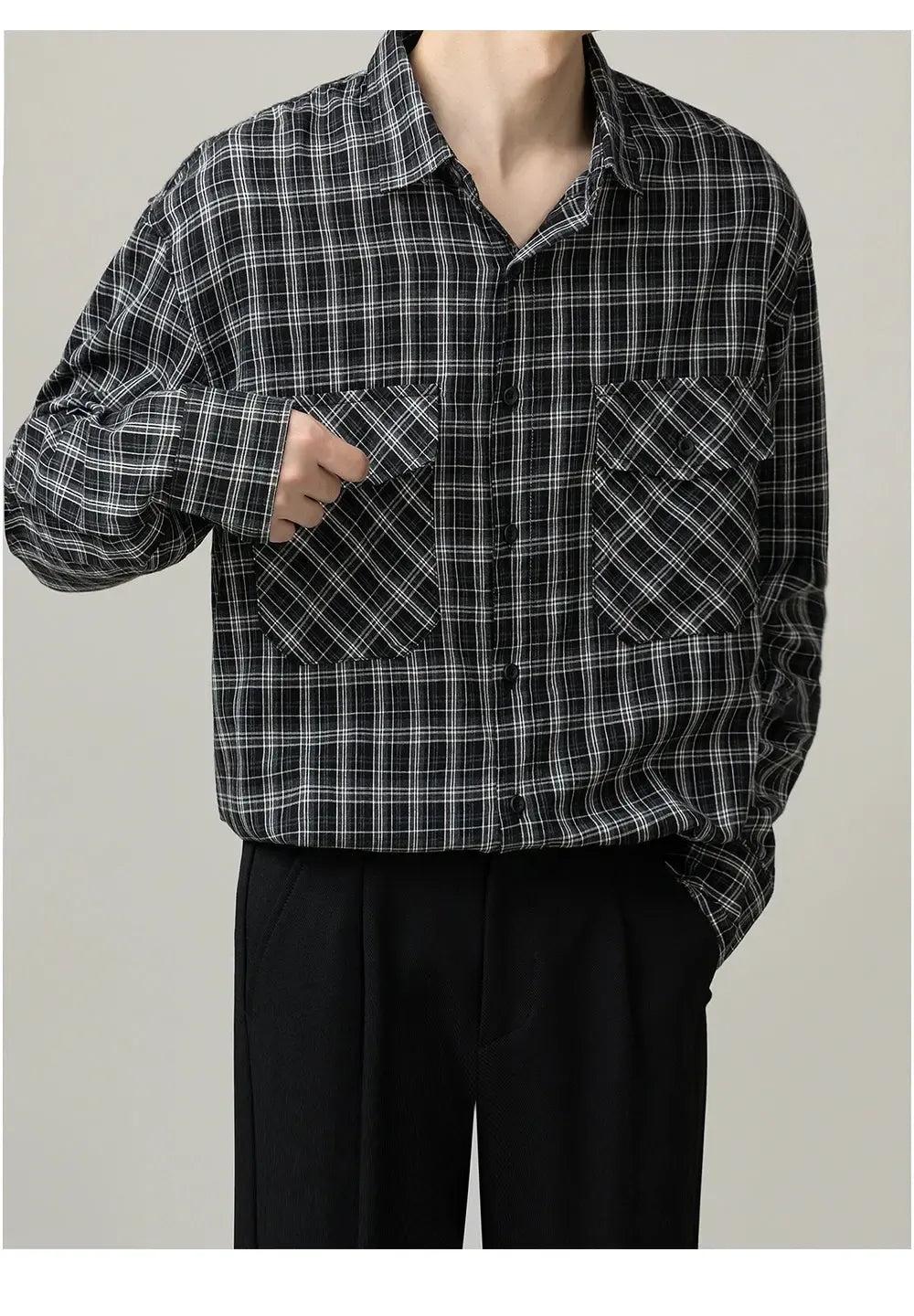 Zhou Flap Breast Pockets Plaid Shirt-korean-fashion-Shirt-Zhou's Closet-OH Garments