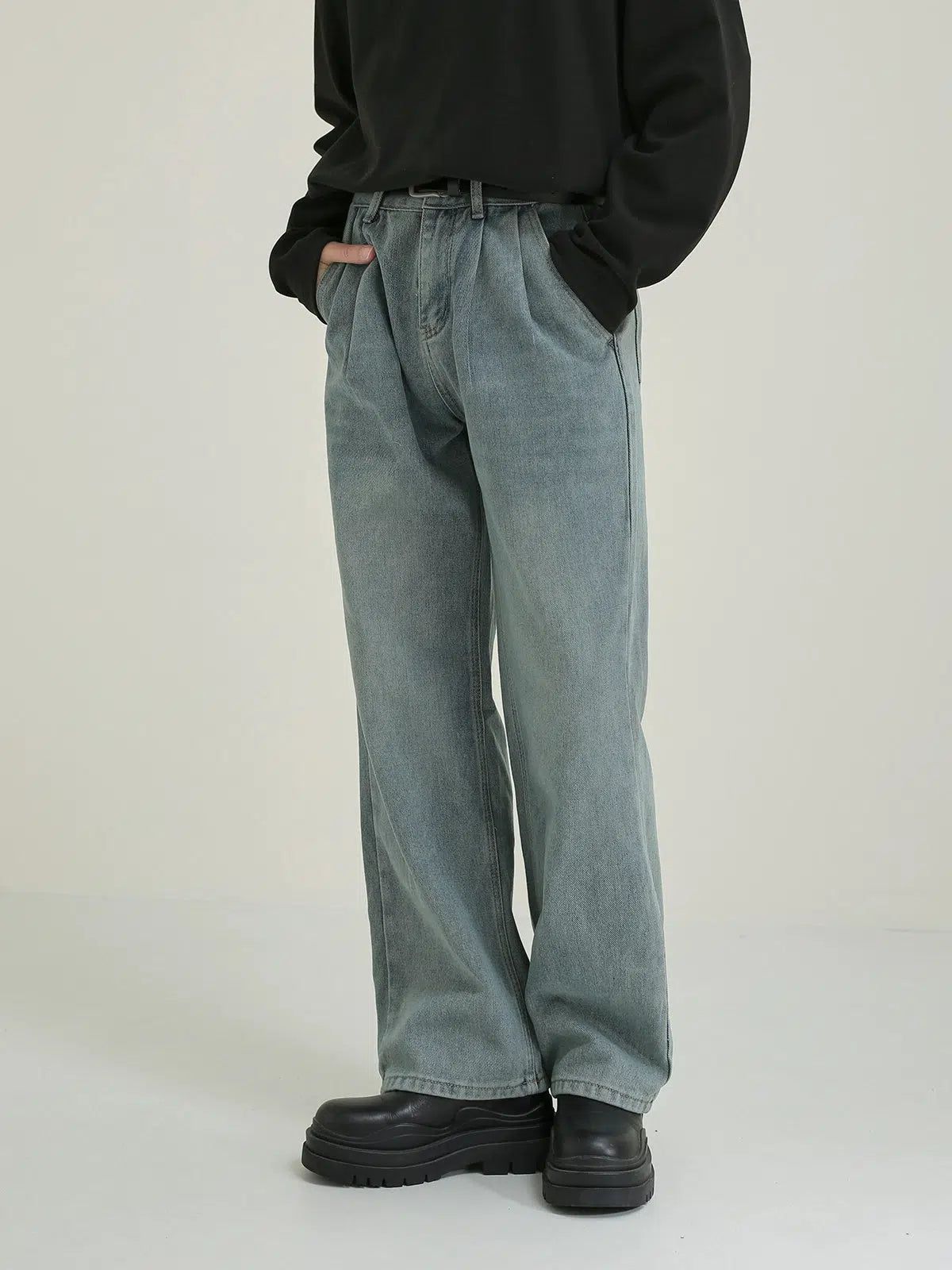 Zhou Fold Pleats Washed Jeans-korean-fashion-Jeans-Zhou's Closet-OH Garments