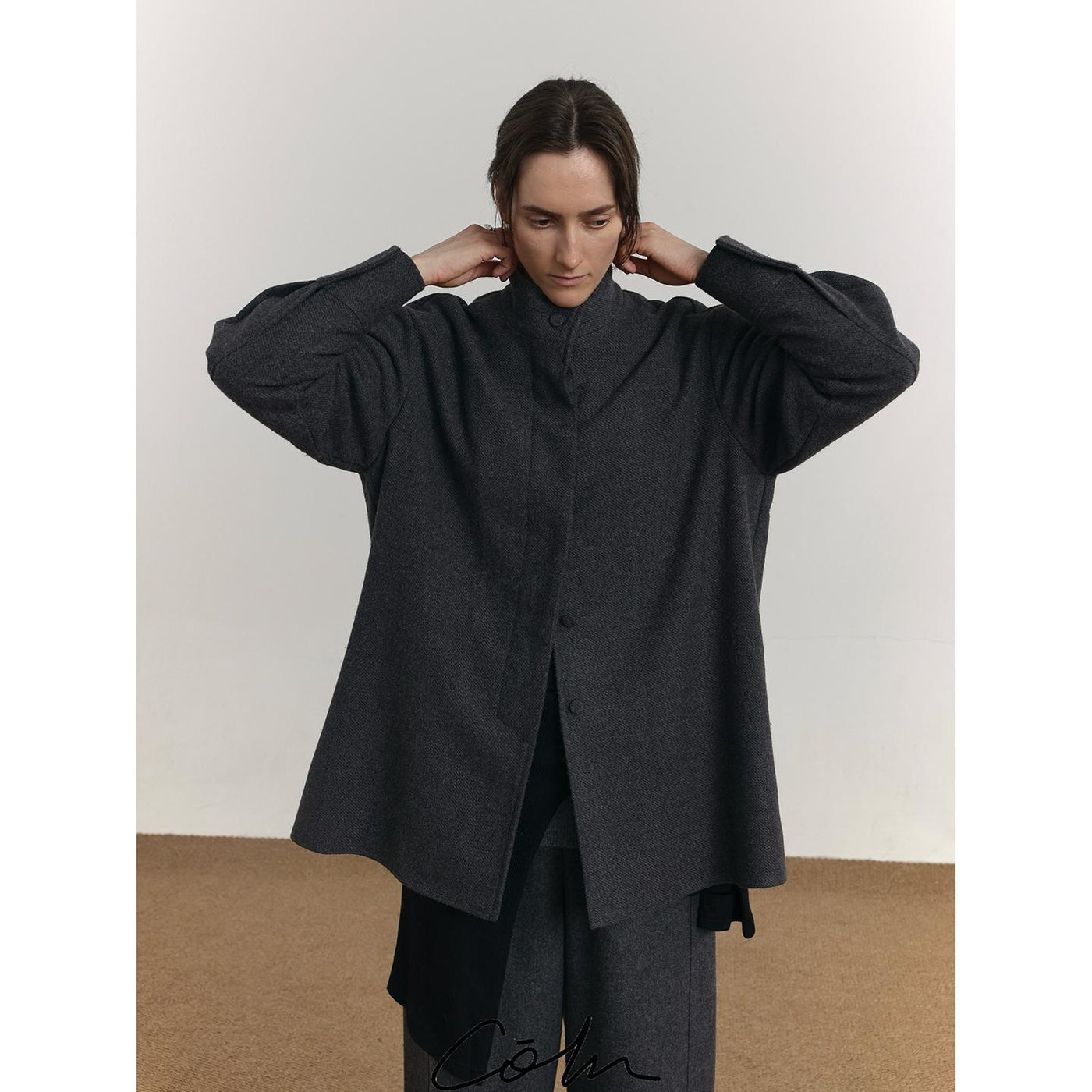 Zhou Funnel Neck Buttoned Twill Jacket-korean-fashion-Jacket-Zhou's Closet-OH Garments