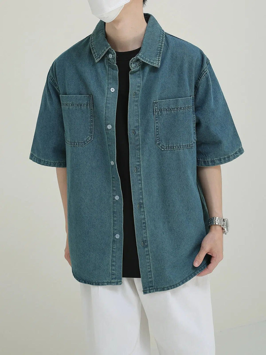 【DISCERNMENT】Moa Linen Denim Half Shirt Grandad Collar Half Placket Denim Shirt | Indigo | TOAST