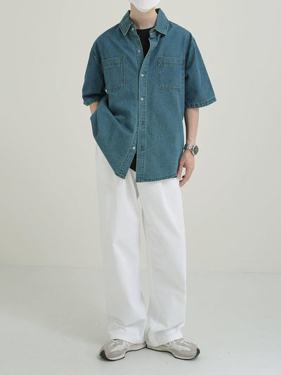 Zhou Heavy Washed Half-Sleeve Denim Shirt-korean-fashion-Shirt-Zhou's Closet-OH Garments