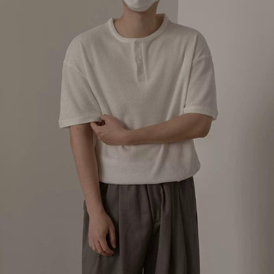 Zhou Henley Collar Textured Knit T-Shirt-korean-fashion-T-Shirt-Zhou's Closet-OH Garments