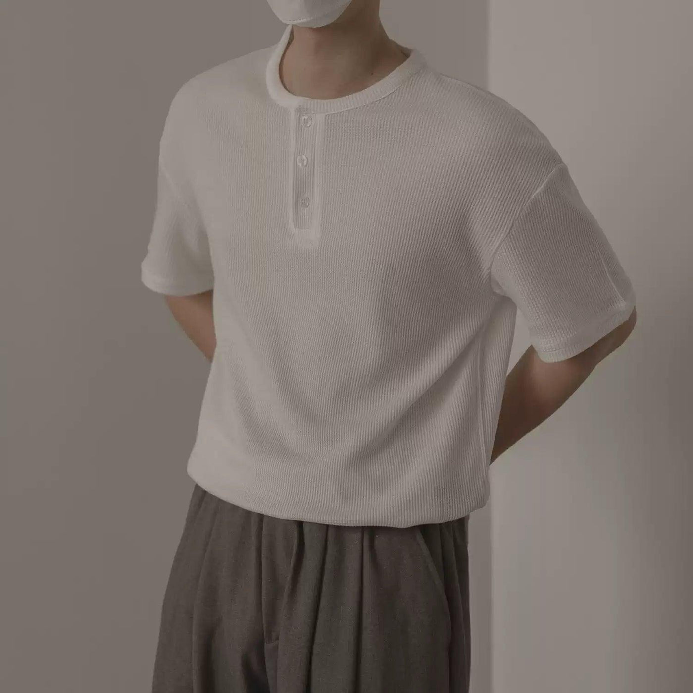 Zhou Henley Collar Textured Knit T-Shirt-korean-fashion-T-Shirt-Zhou's Closet-OH Garments