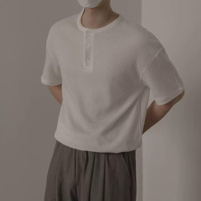 Zhou Henley Collar Textured Knit T-Shirt-korean-fashion-T-Shirt-Zhou's Closet-OH Garments