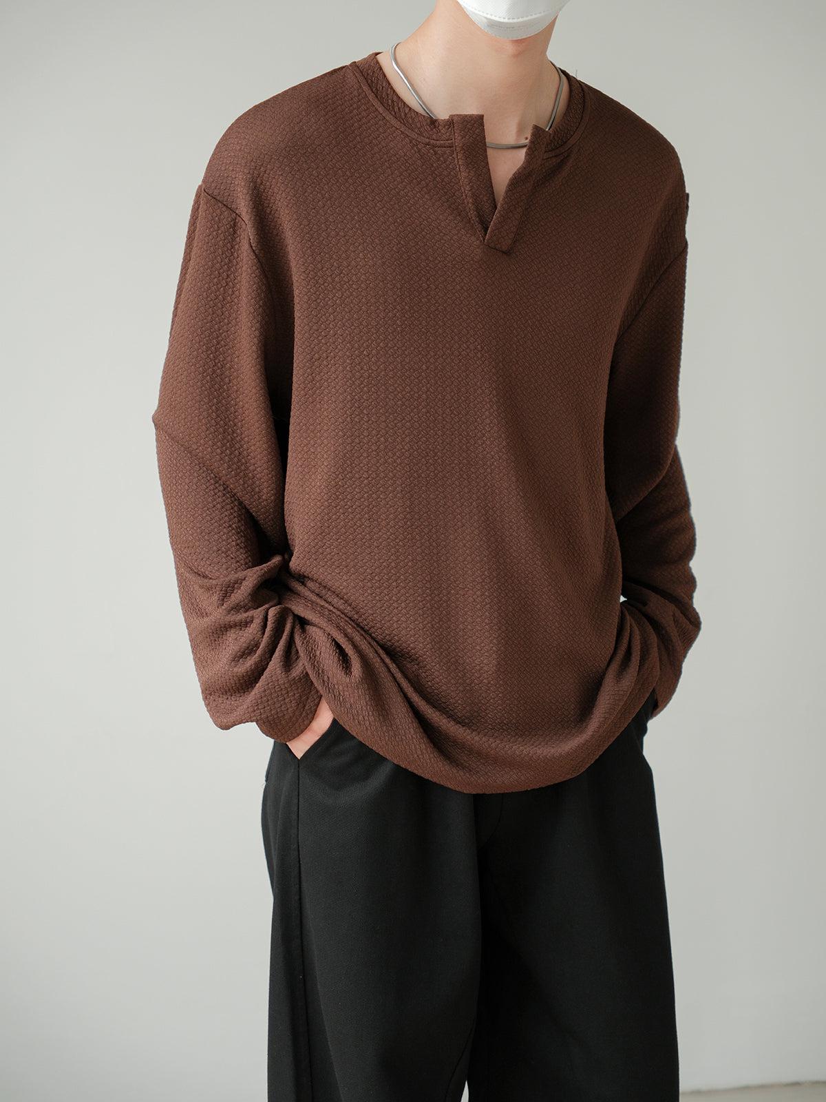 Zhou Henry Collar Textured Long Sleeve T-Shirt-korean-fashion-T-Shirt-Zhou's Closet-OH Garments