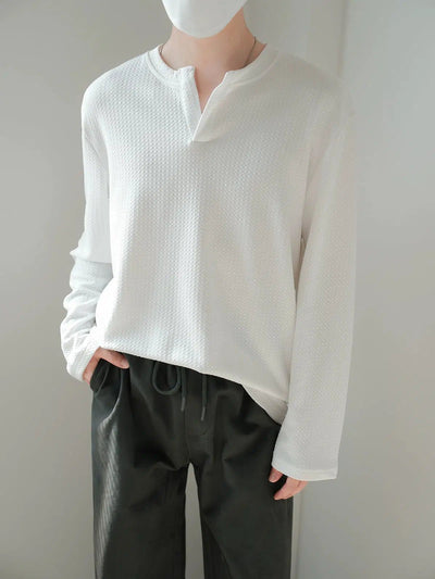 Zhou Henry Collar Textured Long Sleeve T-Shirt-korean-fashion-T-Shirt-Zhou's Closet-OH Garments