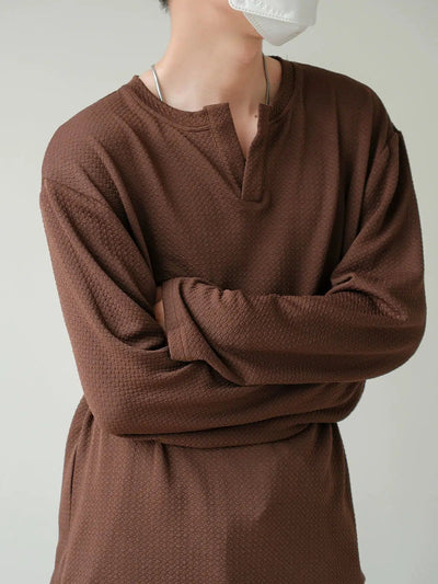 Zhou Henry Collar Textured Long Sleeve T-Shirt-korean-fashion-T-Shirt-Zhou's Closet-OH Garments