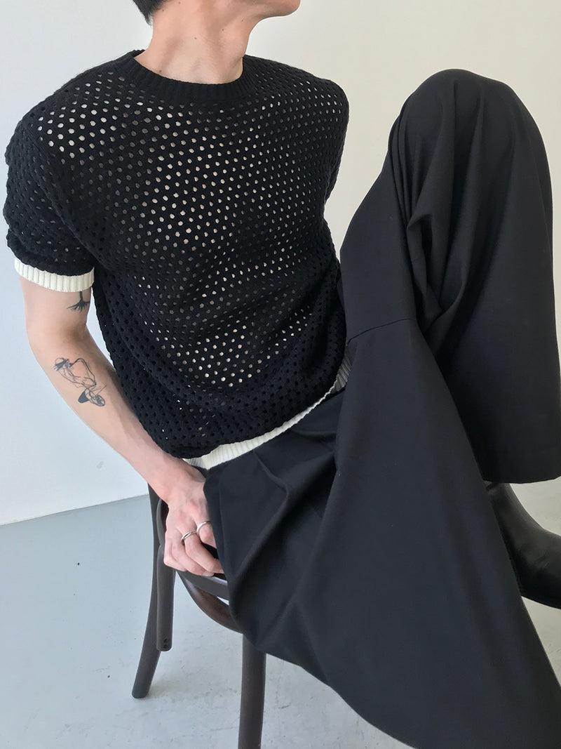 Zhou Holes Pattern Knit Contrast T-Shirt-korean-fashion-T-Shirt-Zhou's Closet-OH Garments