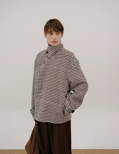 Zhou Houndstooth Wrapped Neck Buttoned Jacket-korean-fashion-Jacket-Zhou's Closet-OH Garments