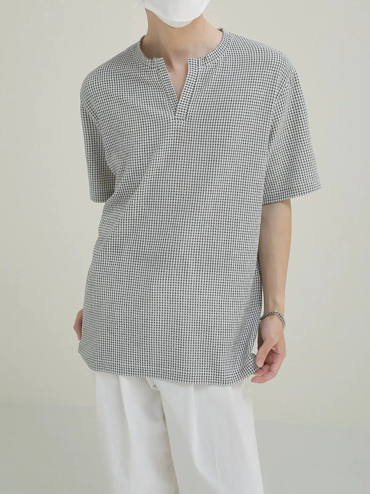 Zhou Houndstooth Y-Neck T-Shirt-korean-fashion-T-Shirt-Zhou's Closet-OH Garments