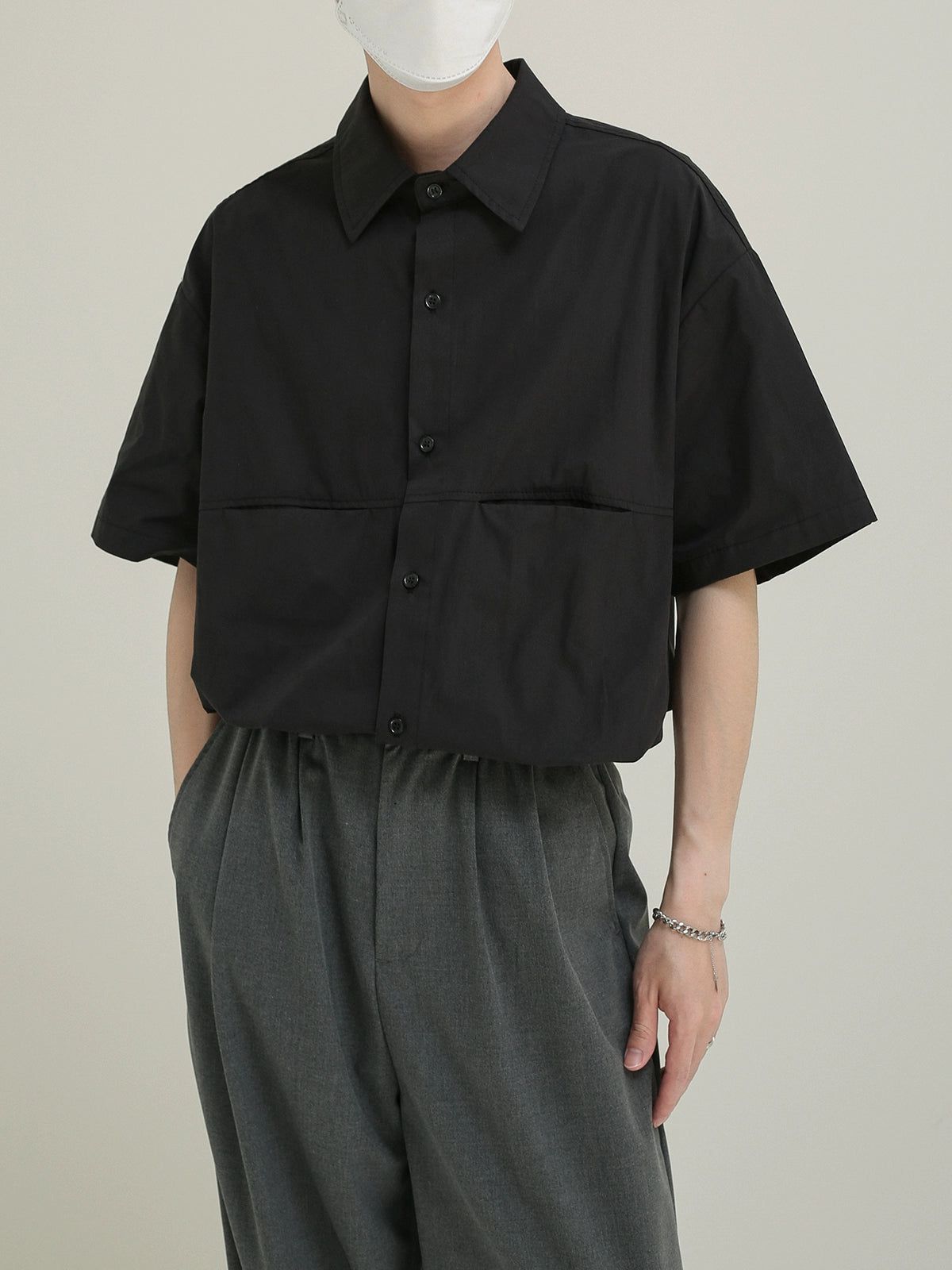 Zhou Irregular Pocket Collared Short Sleeve Shirt-korean-fashion-Shirt-Zhou's Closet-OH Garments