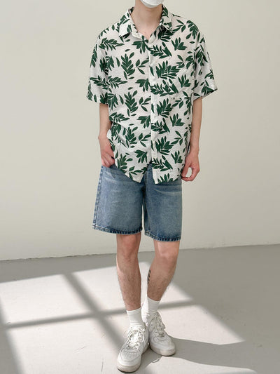 Zhou Leaves Pattern Regular Fit Buttoned Shirt-korean-fashion-Shirt-Zhou's Closet-OH Garments