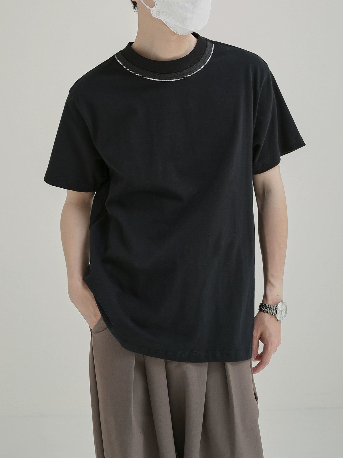 Zhou Neck Zip Line Detail Long Sleeve T-Shirt-korean-fashion-T-Shirt-Zhou's Closet-OH Garments