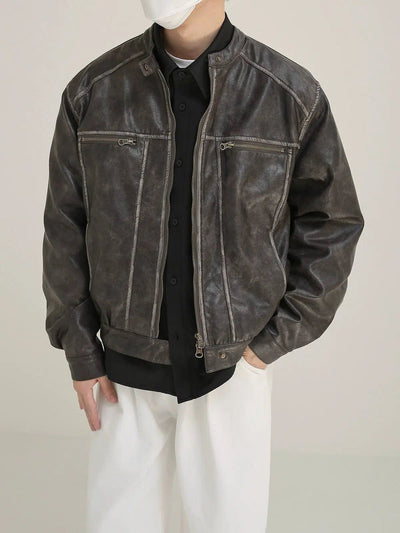 Zhou Outline Smudge PU Leather Jacket-korean-fashion-Jacket-Zhou's Closet-OH Garments