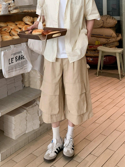 Zhou Oversized Embossed Pocket Wide Shorts-korean-fashion-Shorts-Zhou's Closet-OH Garments
