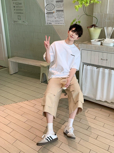 Zhou Oversized Embossed Pocket Wide Shorts-korean-fashion-Shorts-Zhou's Closet-OH Garments