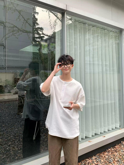Zhou Oversized Textured Henley T-Shirt-korean-fashion-Shirt-Zhou's Closet-OH Garments
