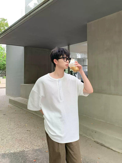 Zhou Oversized Textured Henley T-Shirt-korean-fashion-Shirt-Zhou's Closet-OH Garments