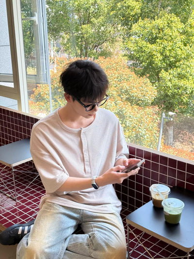 Zhou Oversized Textured Henley T-Shirt-korean-fashion-Shirt-Zhou's Closet-OH Garments