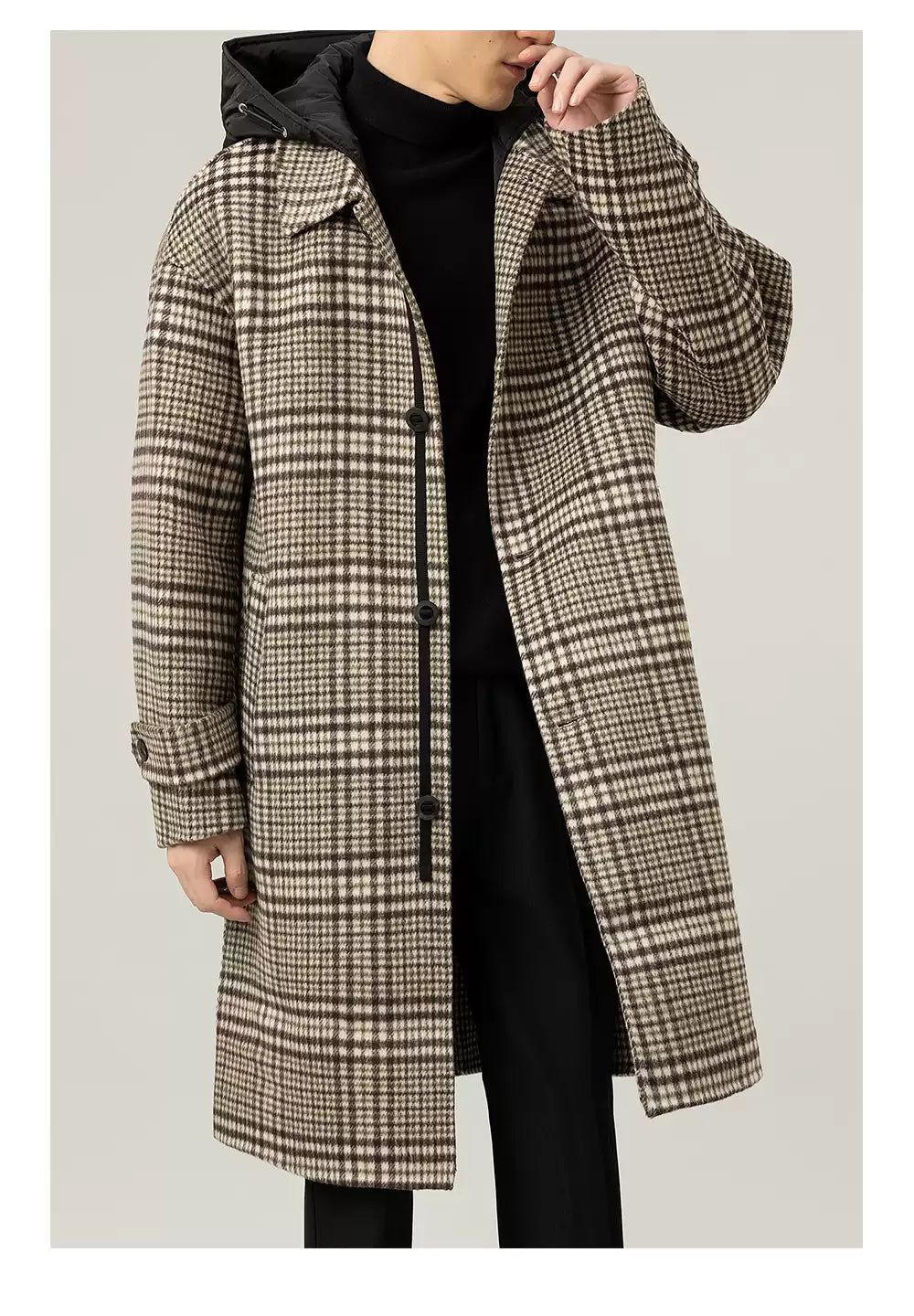 Zhou Plaid Hooded Blend Wool Long Coat-korean-fashion-Long Coat-Zhou's Closet-OH Garments