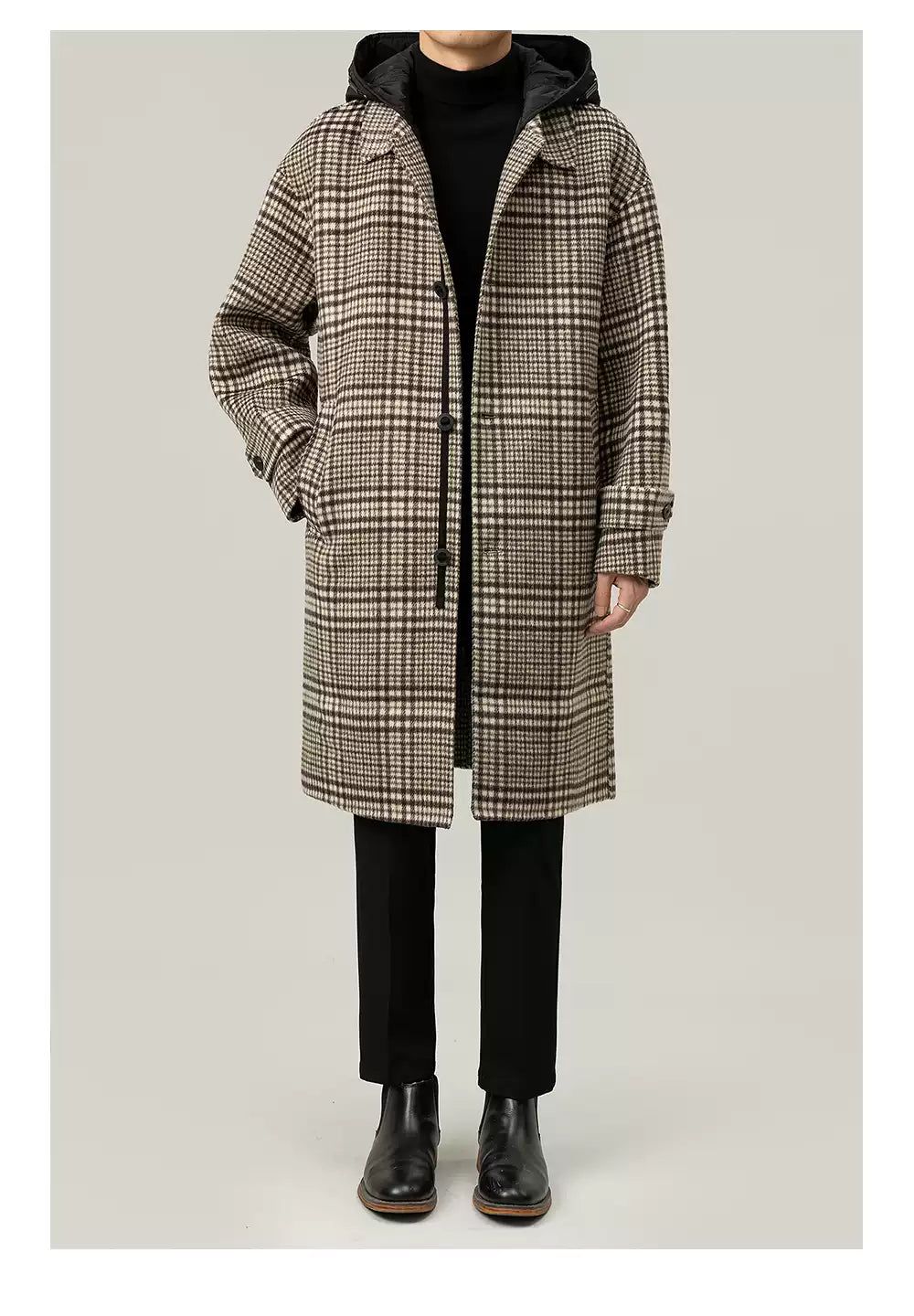 Zhou Plaid Hooded Blend Wool Long Coat-korean-fashion-Long Coat-Zhou's Closet-OH Garments