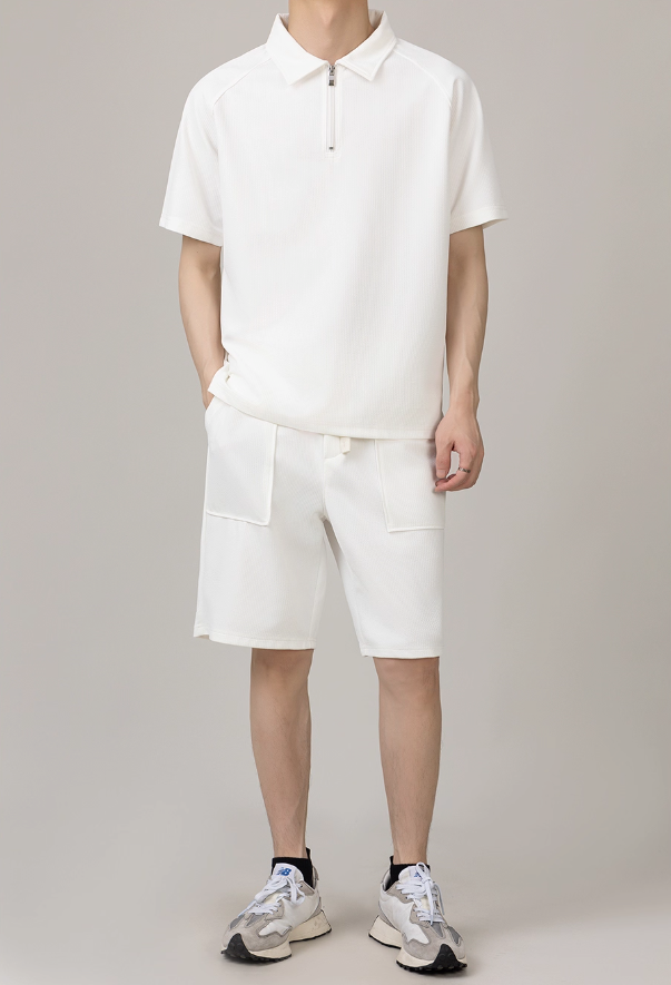 Zhou Plain Collared Half-Zip & Front Pocket Shorts Set-korean-fashion-Clothing Set-Zhou's Closet-OH Garments