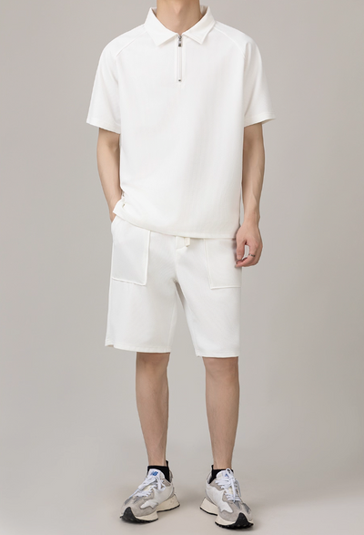 Zhou Plain Collared Half-Zip & Front Pocket Shorts Set-korean-fashion-Clothing Set-Zhou's Closet-OH Garments