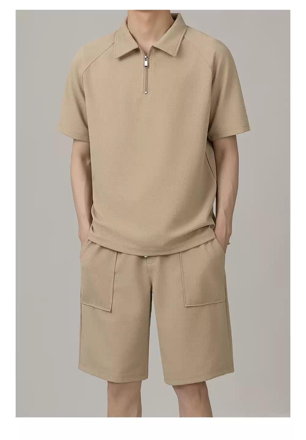 Zhou Plain Collared Half-Zip & Front Pocket Shorts Set-korean-fashion-Clothing Set-Zhou's Closet-OH Garments