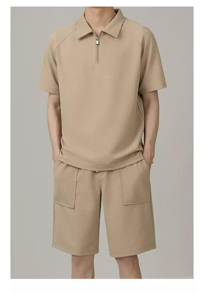 Zhou Plain Collared Half-Zip & Front Pocket Shorts Set-korean-fashion-Clothing Set-Zhou's Closet-OH Garments