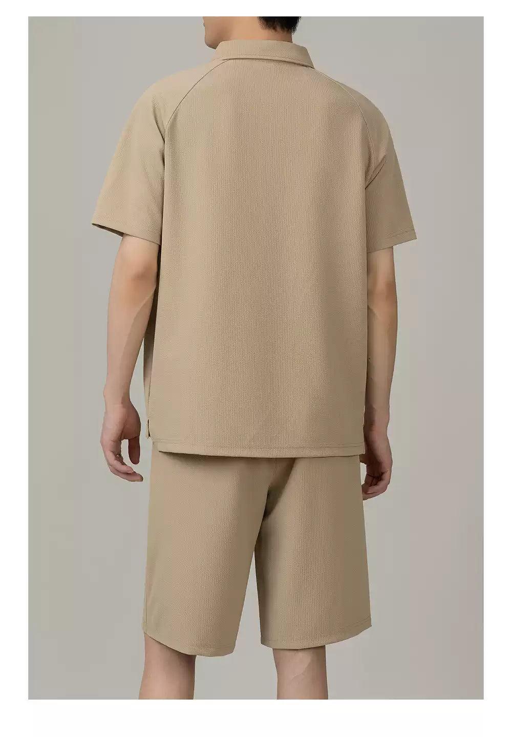 Zhou Plain Collared Half-Zip & Front Pocket Shorts Set-korean-fashion-Clothing Set-Zhou's Closet-OH Garments