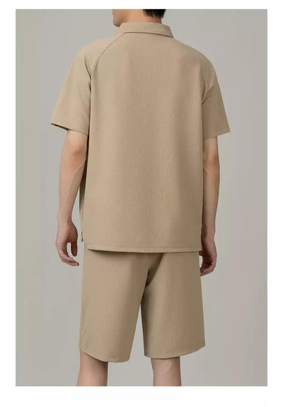 Zhou Plain Collared Half-Zip & Front Pocket Shorts Set-korean-fashion-Clothing Set-Zhou's Closet-OH Garments