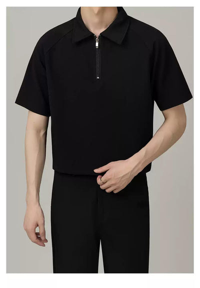 Zhou Plain Collared Half-Zip & Front Pocket Shorts Set-korean-fashion-Clothing Set-Zhou's Closet-OH Garments