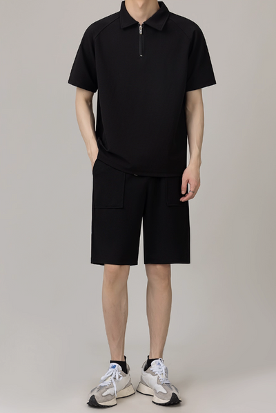 Zhou Plain Collared Half-Zip & Front Pocket Shorts Set-korean-fashion-Clothing Set-Zhou's Closet-OH Garments