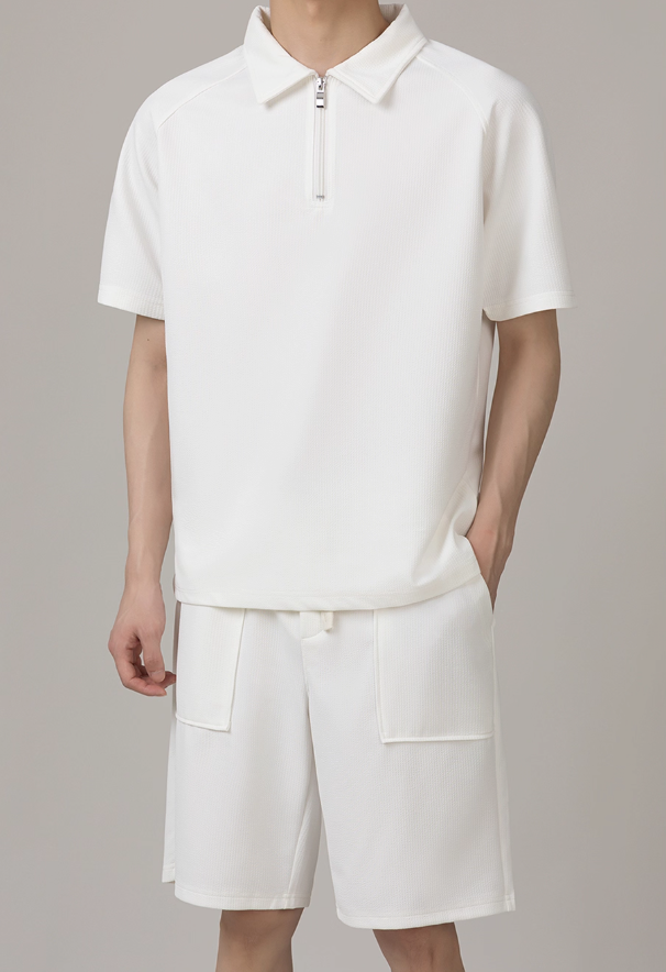 Zhou Plain Collared Half-Zip & Front Pocket Shorts Set-korean-fashion-Clothing Set-Zhou's Closet-OH Garments