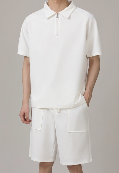 Zhou Plain Collared Half-Zip & Front Pocket Shorts Set-korean-fashion-Clothing Set-Zhou's Closet-OH Garments