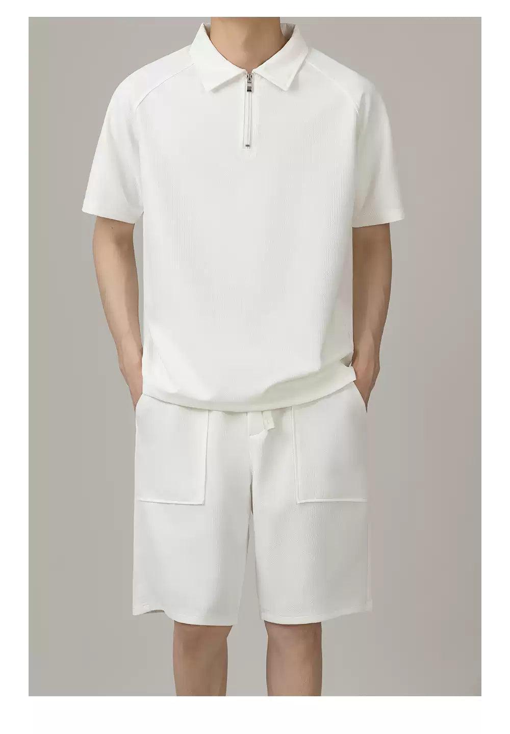 Zhou Plain Collared Half-Zip & Front Pocket Shorts Set-korean-fashion-Clothing Set-Zhou's Closet-OH Garments