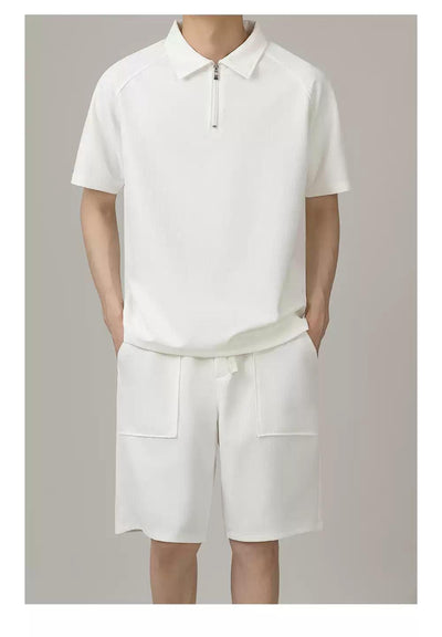 Zhou Plain Collared Half-Zip & Front Pocket Shorts Set-korean-fashion-Clothing Set-Zhou's Closet-OH Garments
