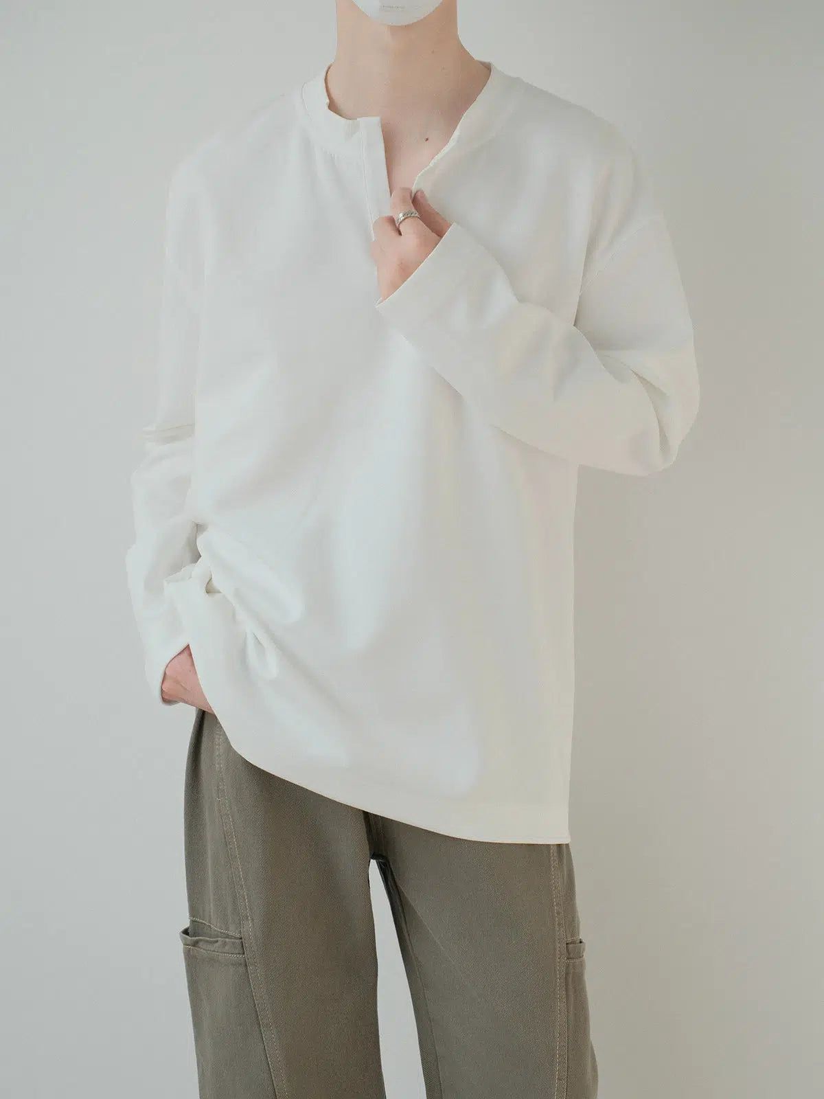 Zhou Plain Color Notch V-Neck Long Sleeve T-Shirt-korean-fashion-T-Shirt-Zhou's Closet-OH Garments