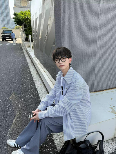 Zhou Pointy Collar Striped Shirt-korean-fashion-Shirt-Zhou's Closet-OH Garments