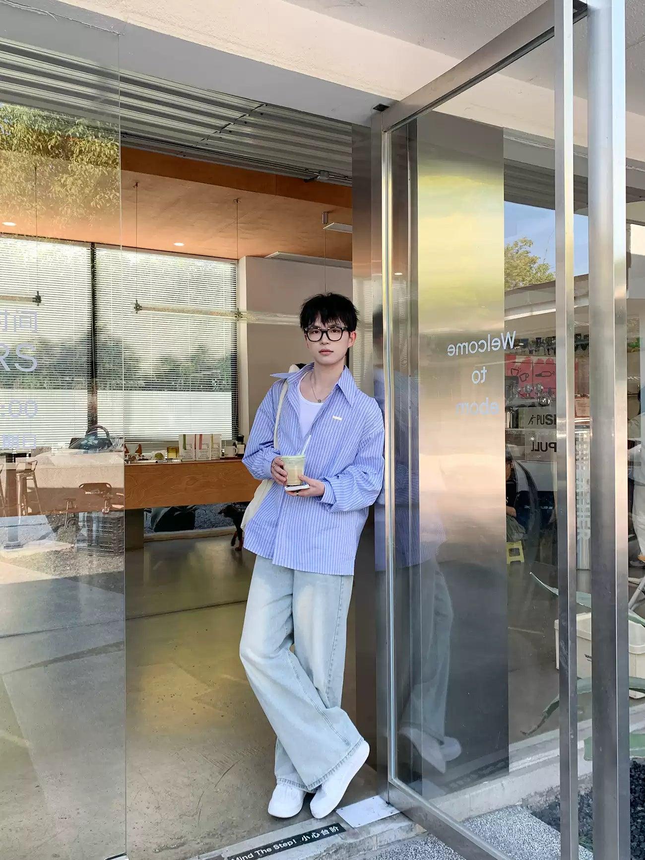 Zhou Pointy Collar Striped Shirt-korean-fashion-Shirt-Zhou's Closet-OH Garments