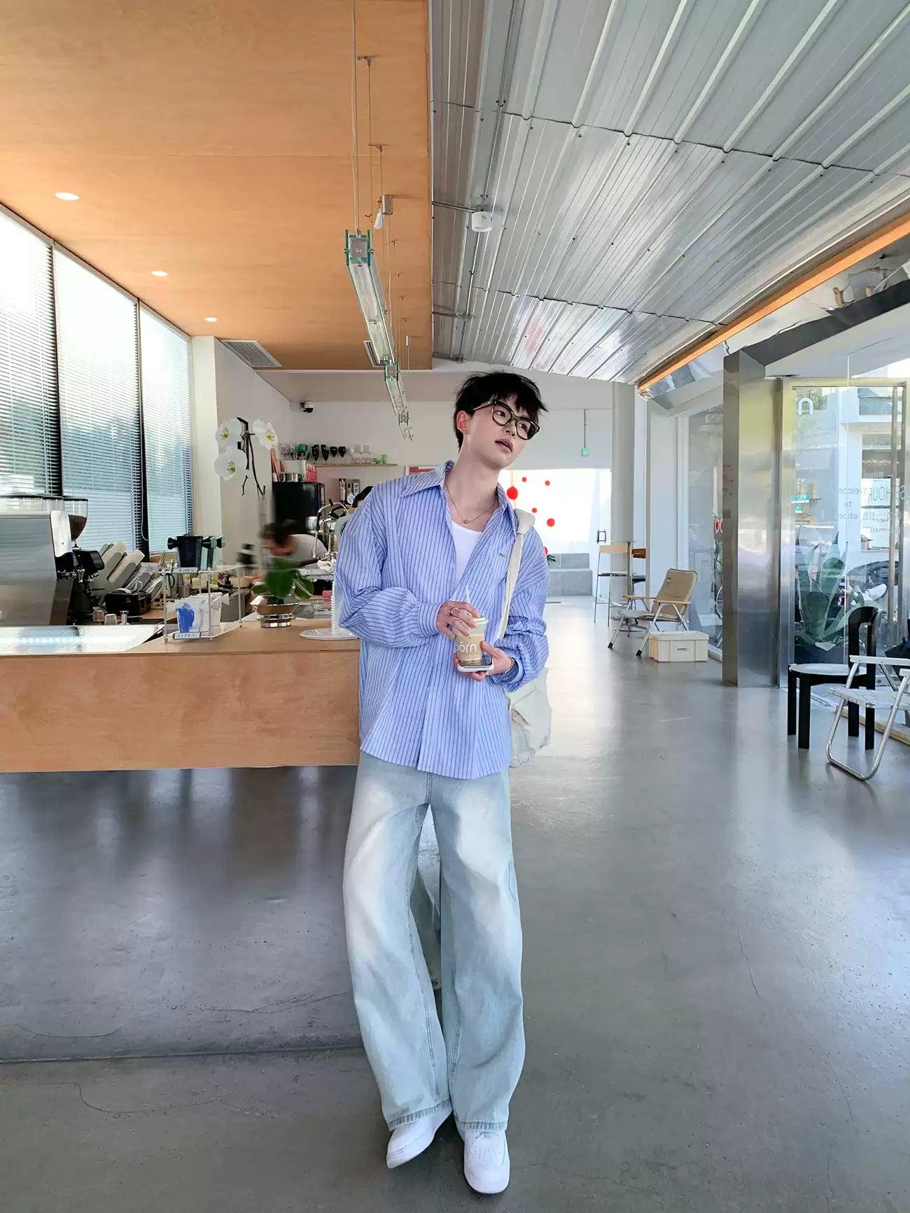 Zhou Pointy Collar Striped Shirt-korean-fashion-Shirt-Zhou's Closet-OH Garments